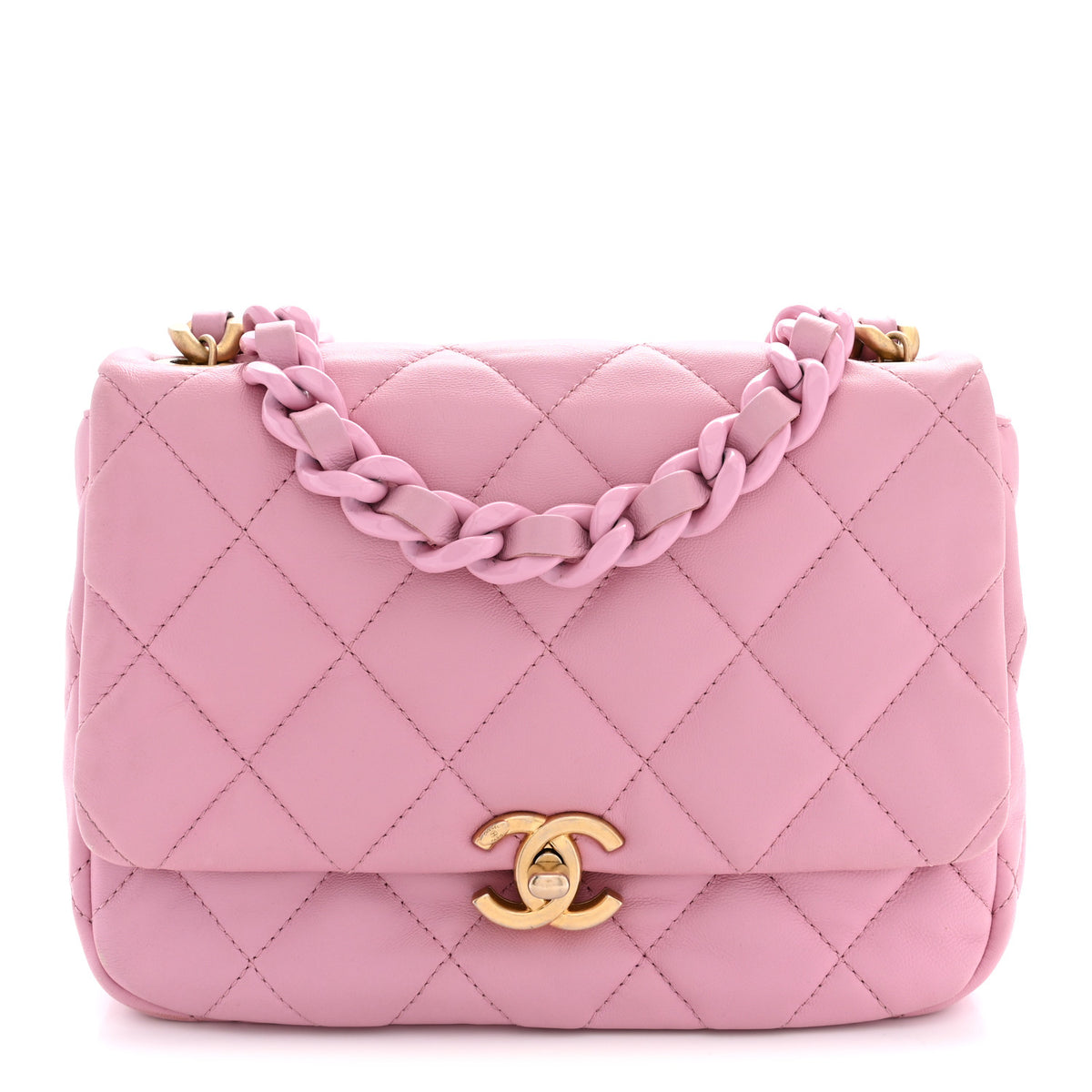 Lambskin Quilted Small Lacquered Chain Flap Pink