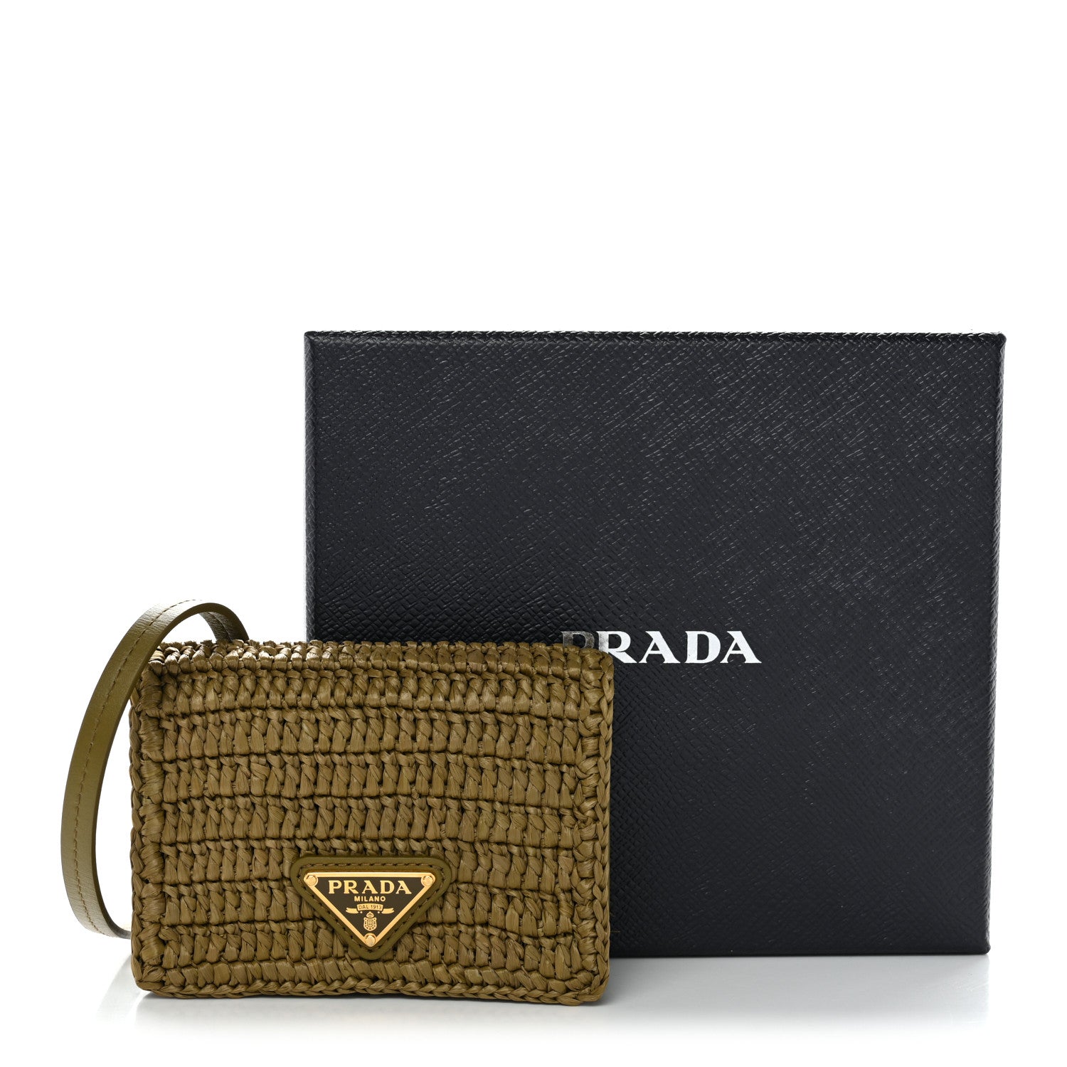 Prada Raffia Effect Crochet Metal Triangle Logo Card Holder Oliva