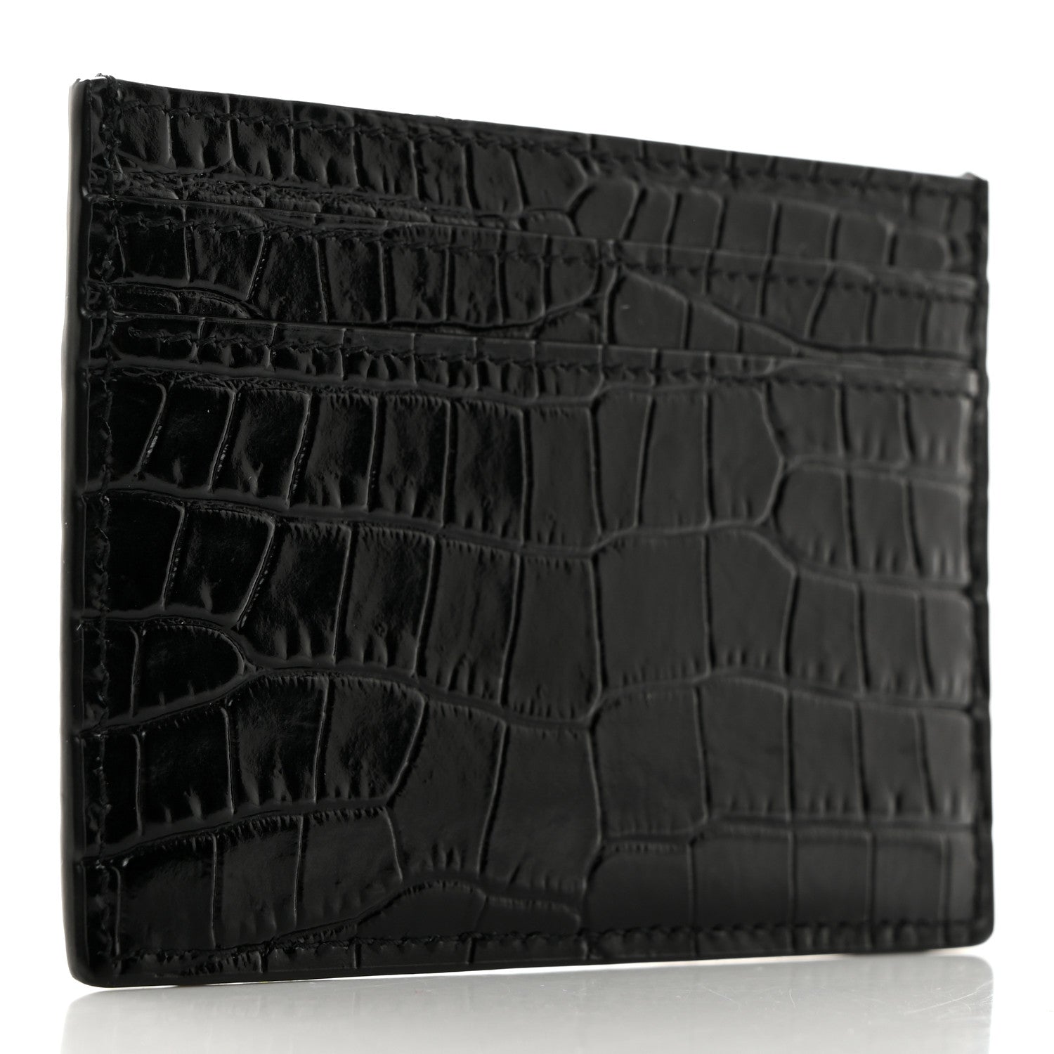 Saint Laurent Calfskin Crocodile Embossed Monogram Credit Card Case Black 3 of 7