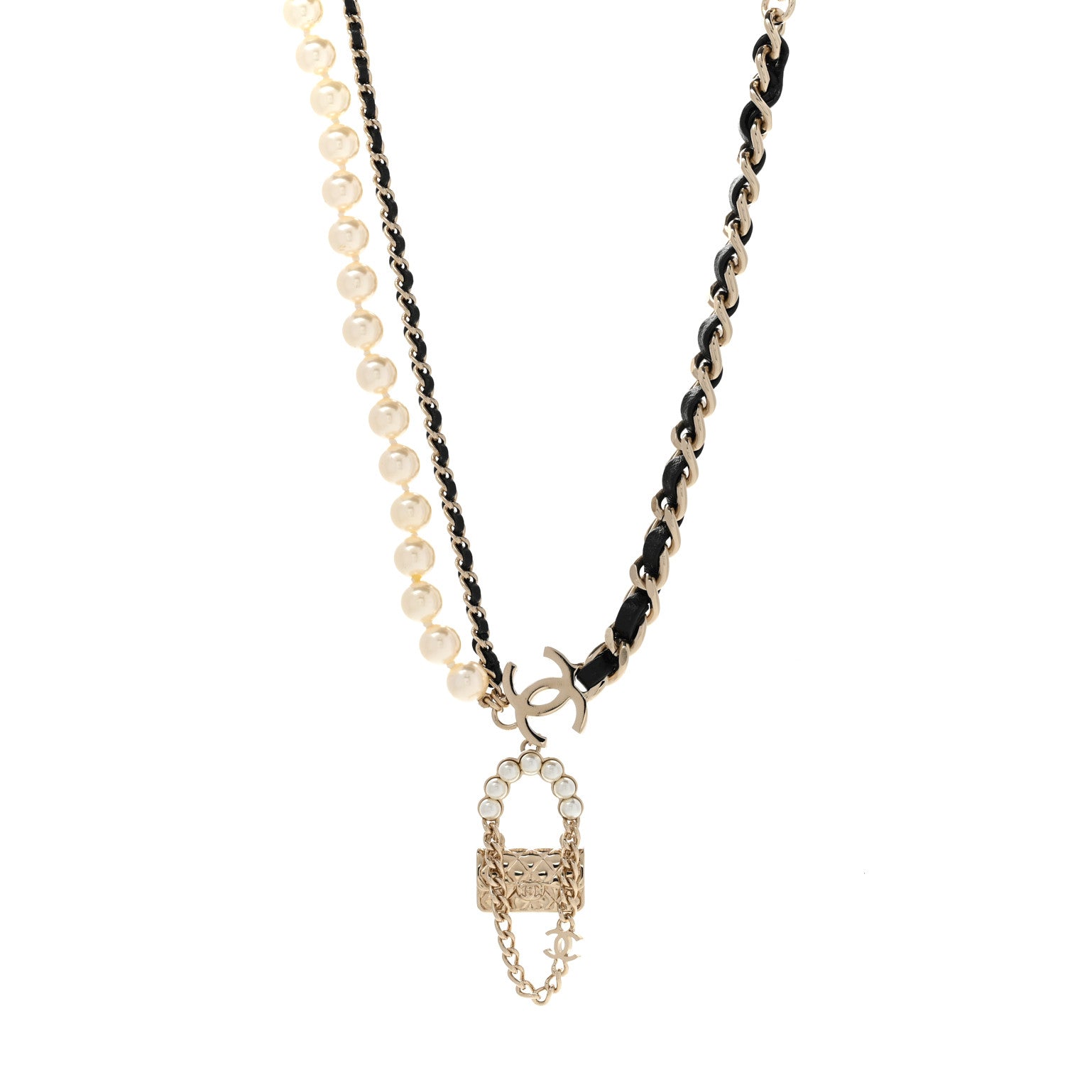 Chanel Lambskin Pearl Quilted Flap Necklace Gold Black Pearly White 1 of 7