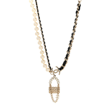 Chanel Lambskin Pearl Quilted Flap Necklace Gold Black Pearly White 1 of 7