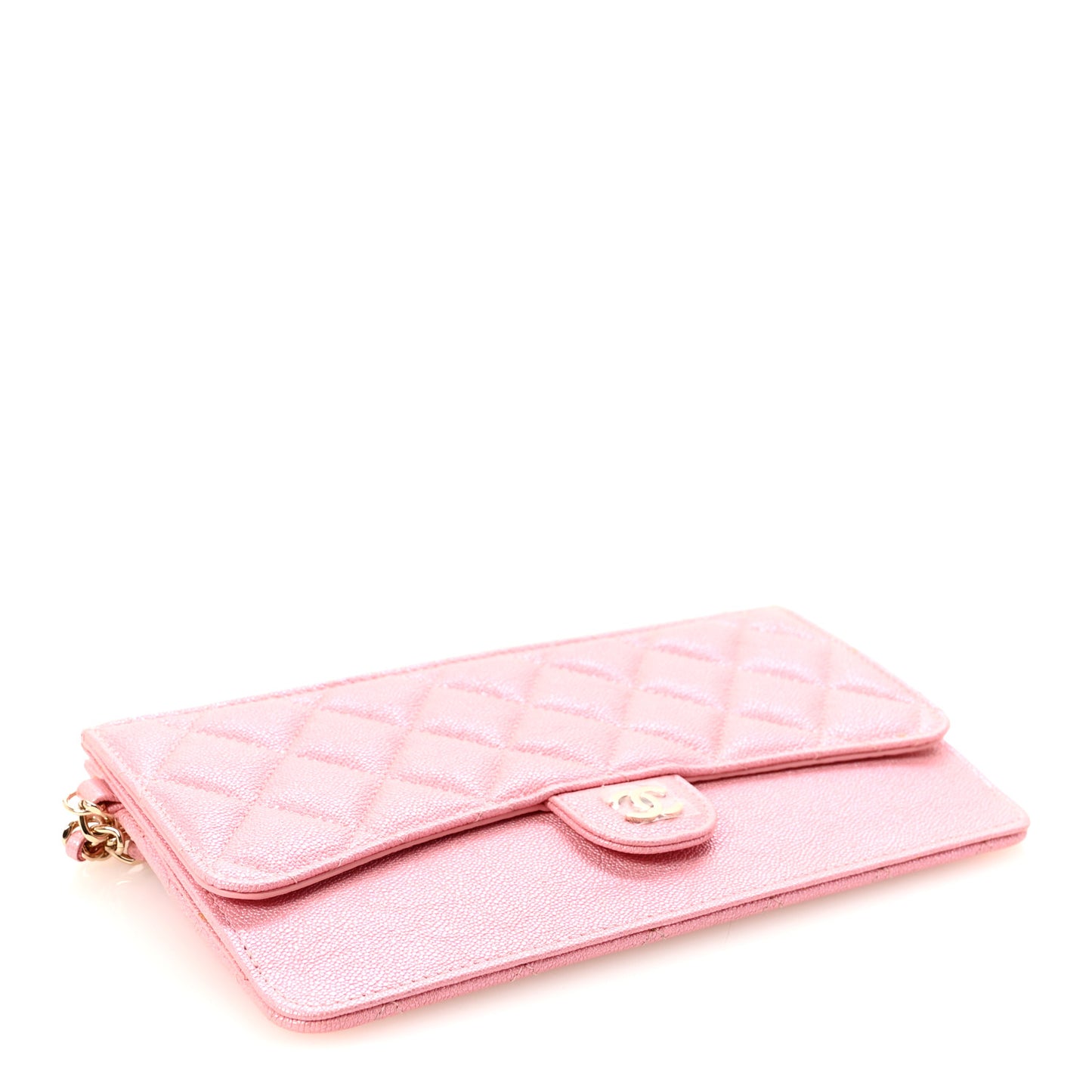 Iridescent Caviar Quilted Classic Pouch With Handle Rose Pink