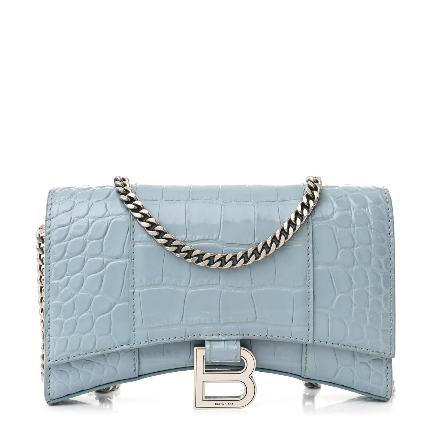 Shiny Calfskin Crocodile Embossed Hourglass Chain Bag Blue Grey