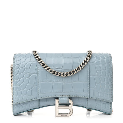 Balenciaga Shiny Calfskin Crocodile Embossed Hourglass Chain Bag Blue Grey 1 of 11