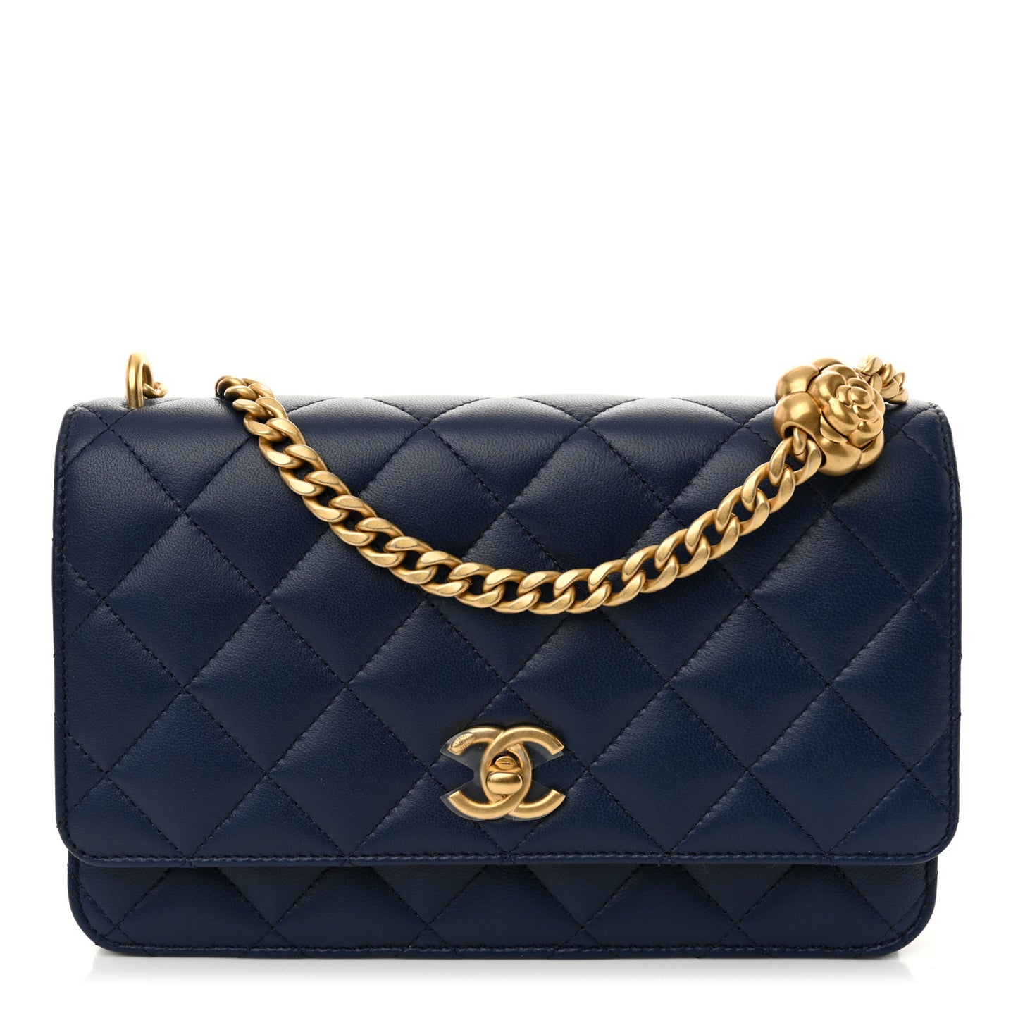 Lambskin Quilted Sweet Camellia Wallet On Chain WOC Navy Blue