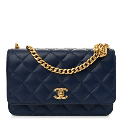 Chanel Lambskin Quilted Sweet Camellia Wallet On Chain WOC Navy Blue 1 of 11