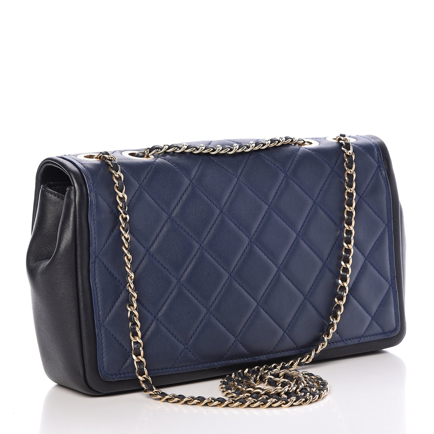 Lambskin Quilted Medium Graphic Flap Navy Black