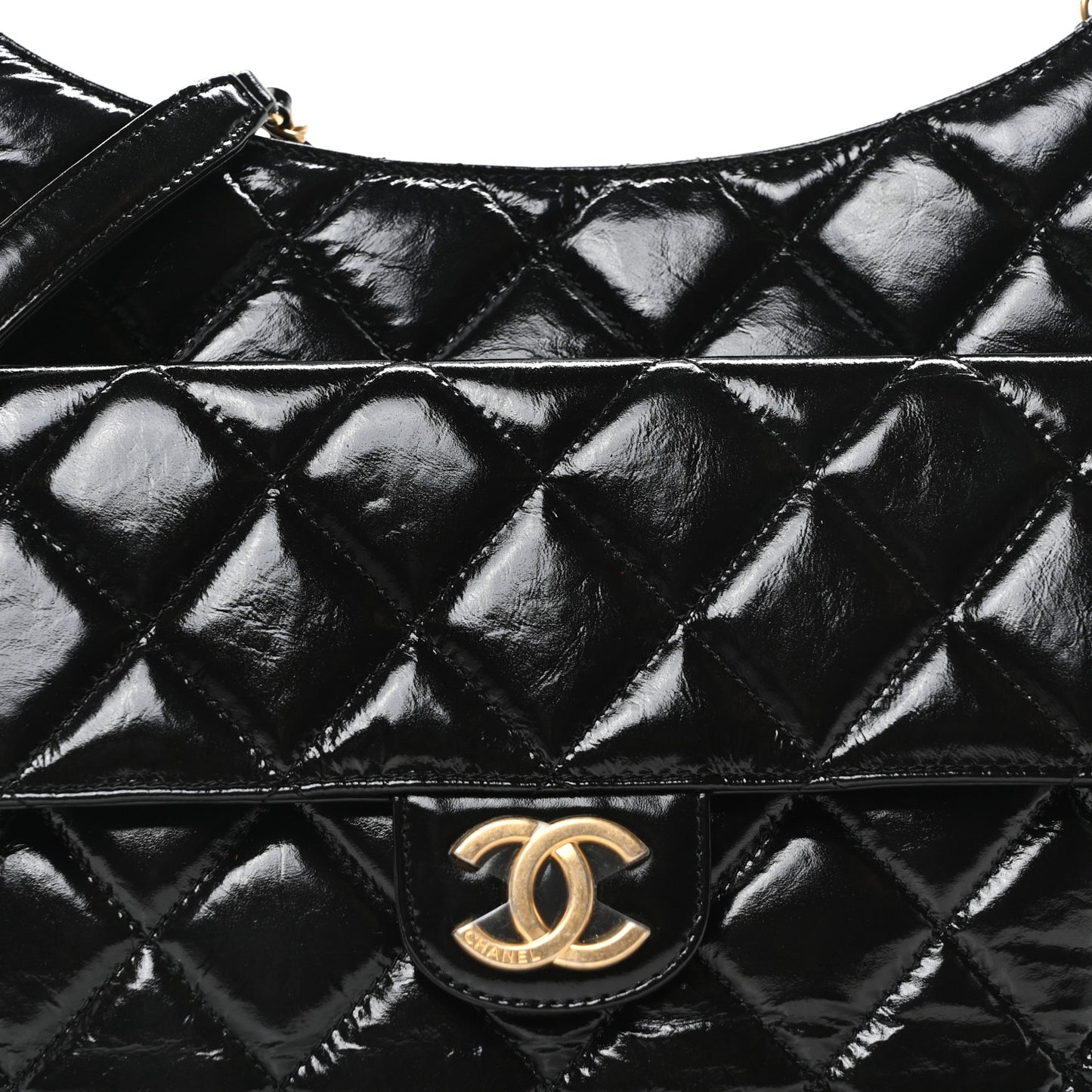 Shiny Crumpled Calfskin Quilted Large Wavy CC Hobo Black