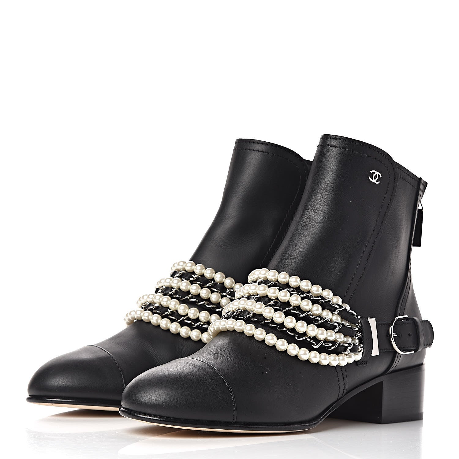 Chanel Calfskin Pearl Cap Toe Short Boots 41 Black 3 of 9