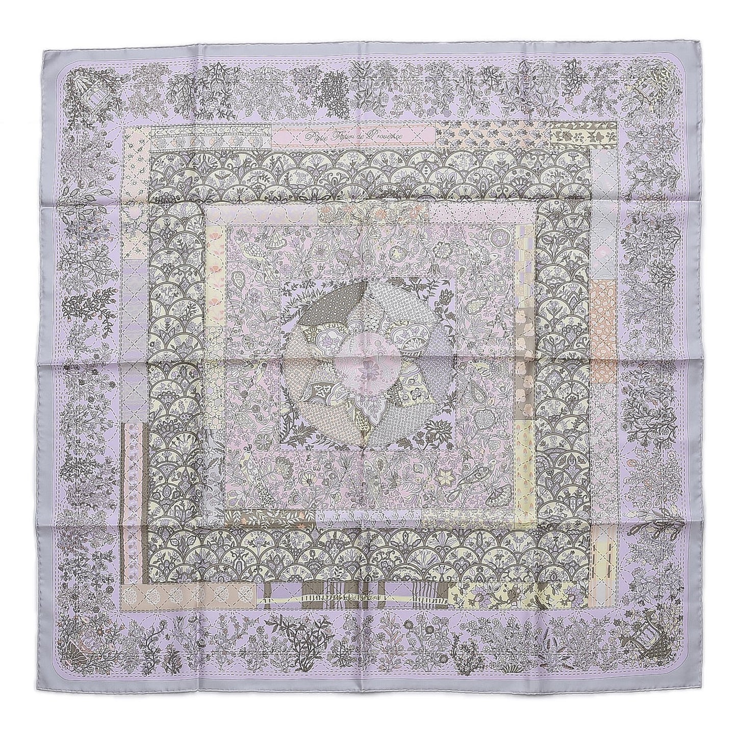 Silk Pique Fleuri de Provence Scarf 90 Gris Perle Lilac Rose Poudre