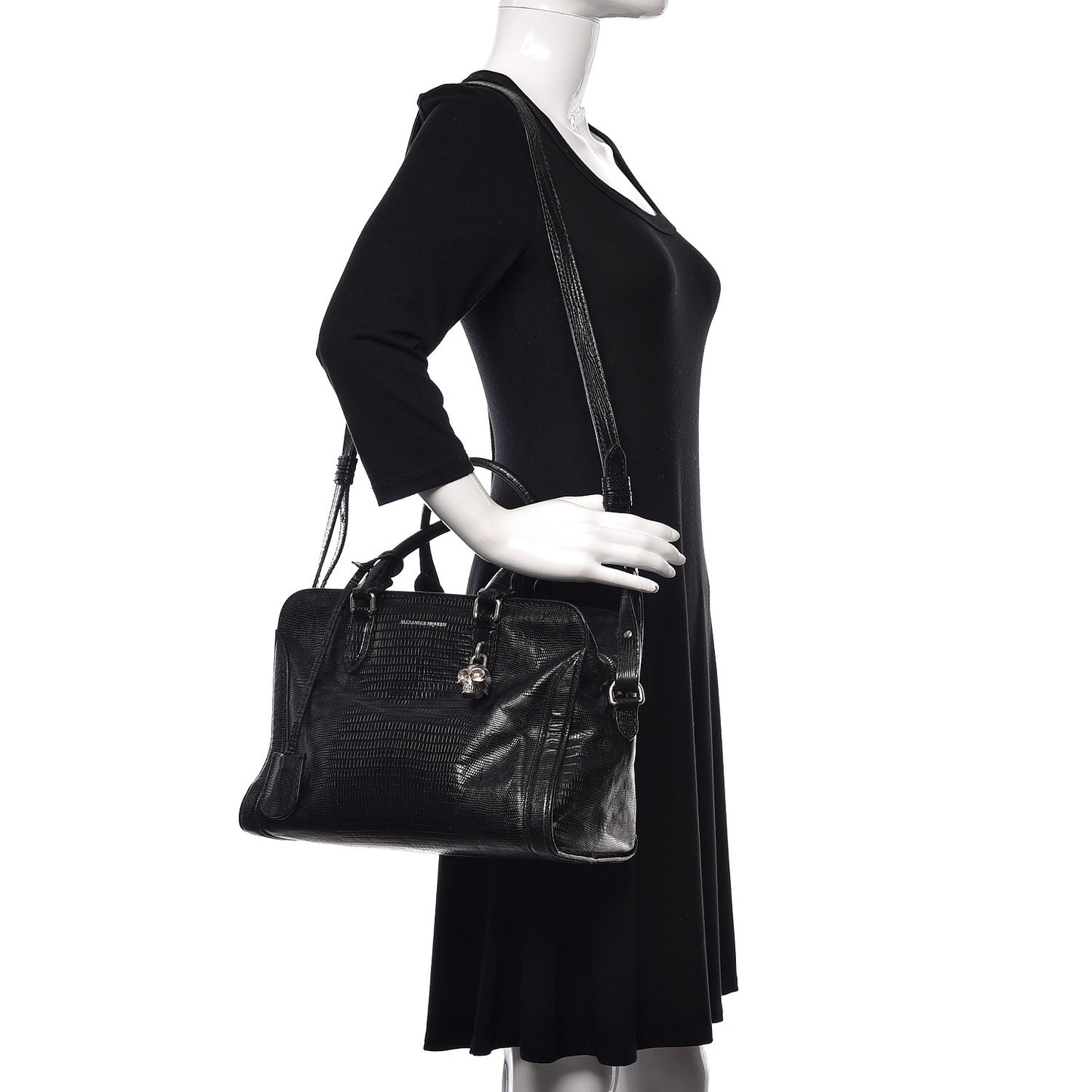 Calfskin Lizard Embossed Small Skull Padlock Zip Around Tote Black