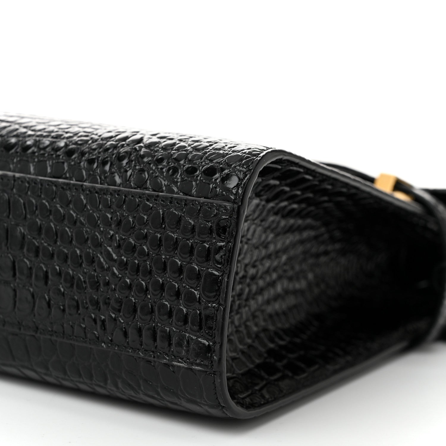 Saint Laurent Shiny Calfskin Crocodile Embossed Manhattan Baguette Black 10 of 10