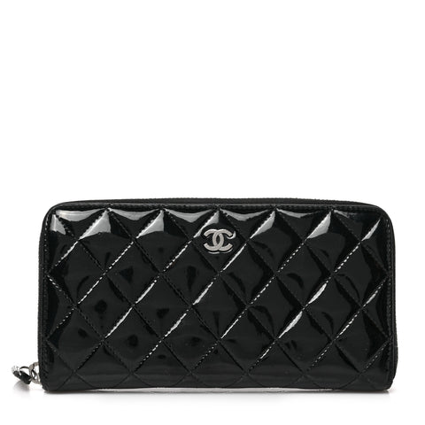 Patent Quilted Zip Around Wallet Black