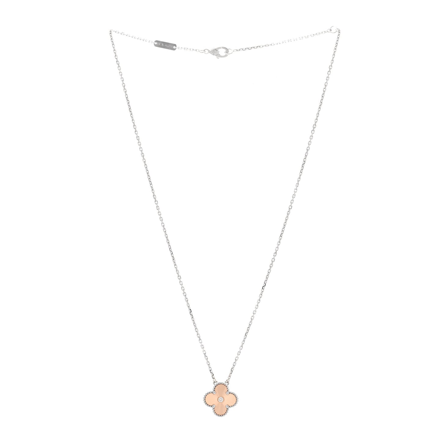 18K White Rose Gold Diamond Guilloche Vintage Alhambra Pendant Necklace