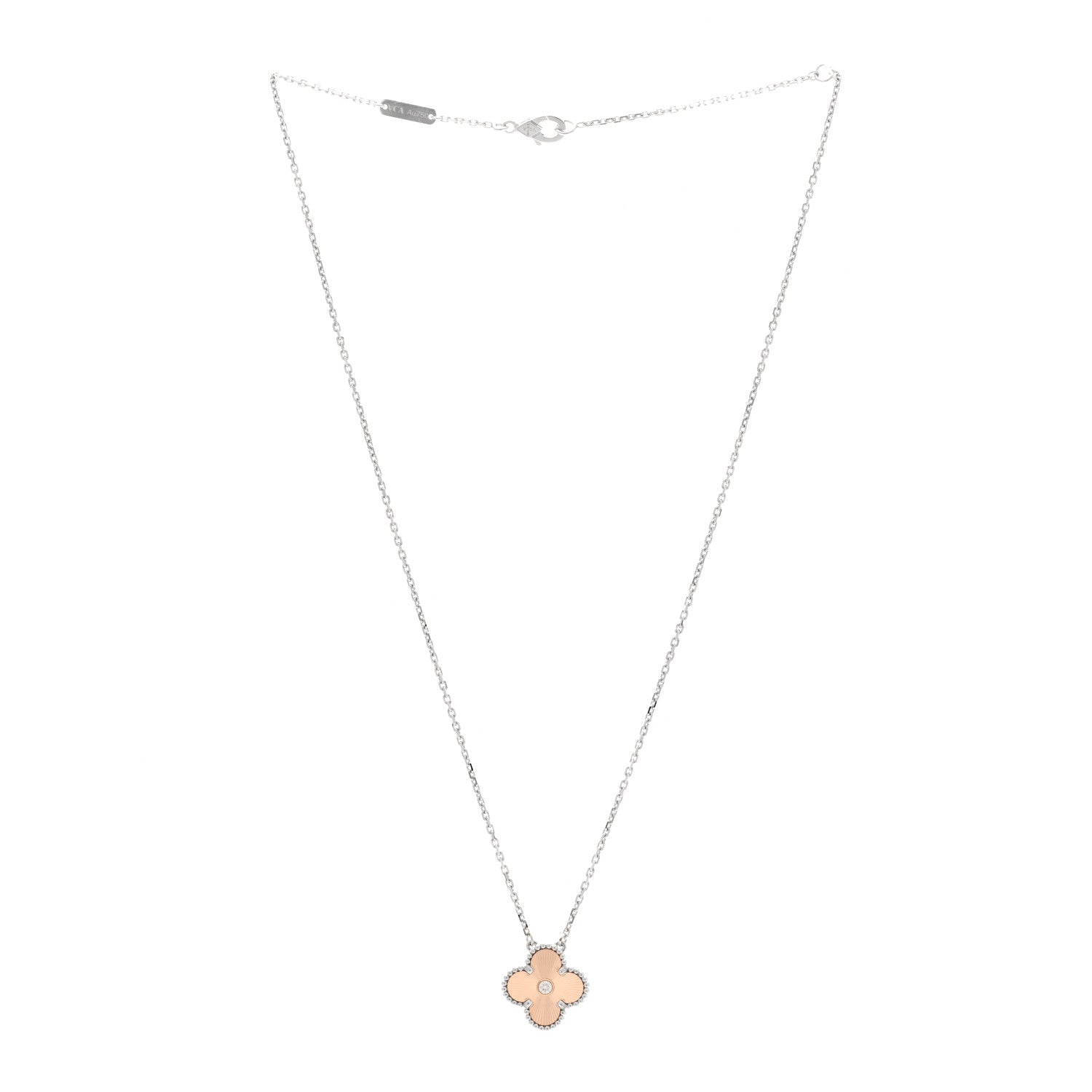 Van Cleef & Arpels 18K White Rose Gold Diamond Guilloche Vintage Alhambra Pendant Necklace 3 of 5