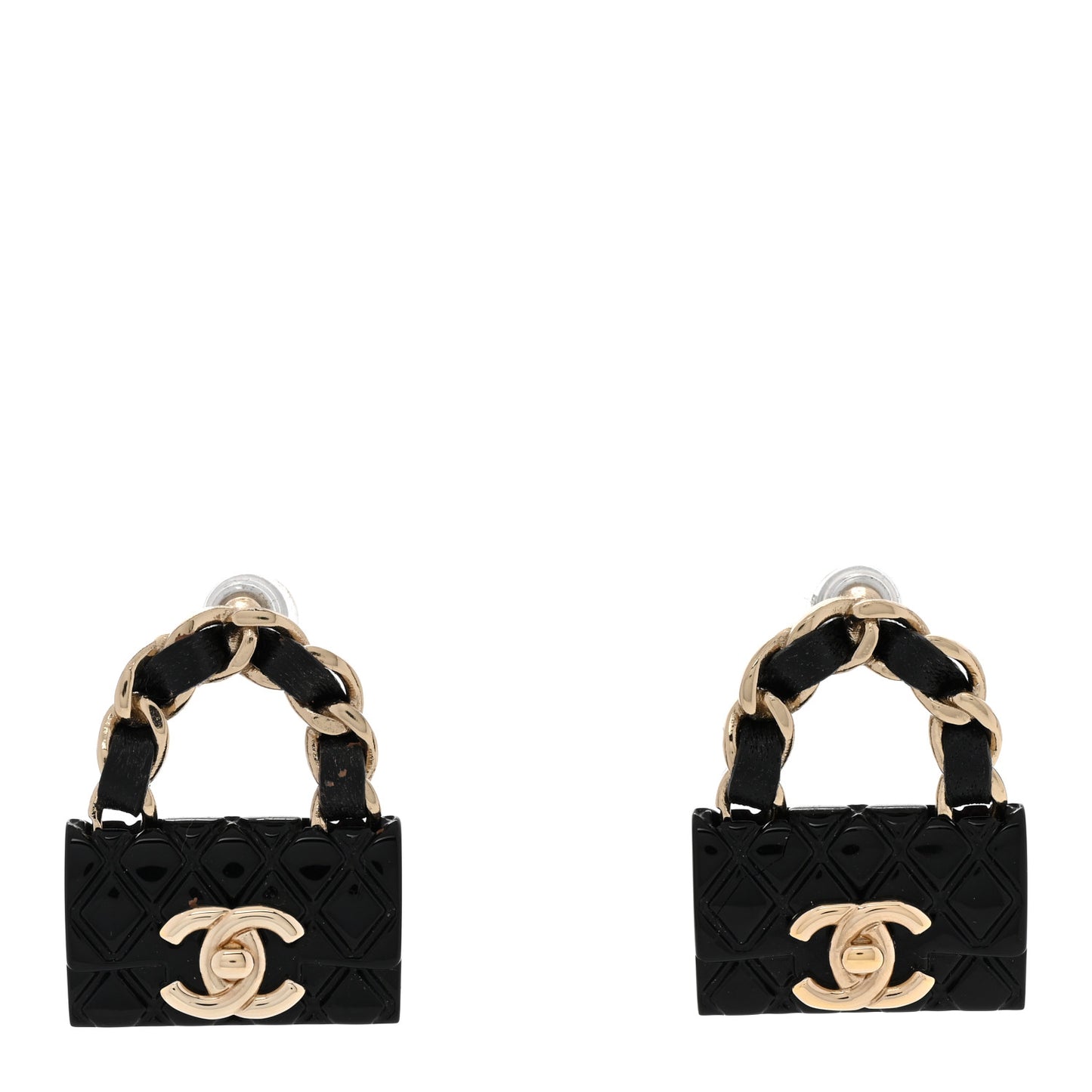 Metal Resin Lambskin Quilted CC Turnlock Chain Flap Bag Earrings Black Gold