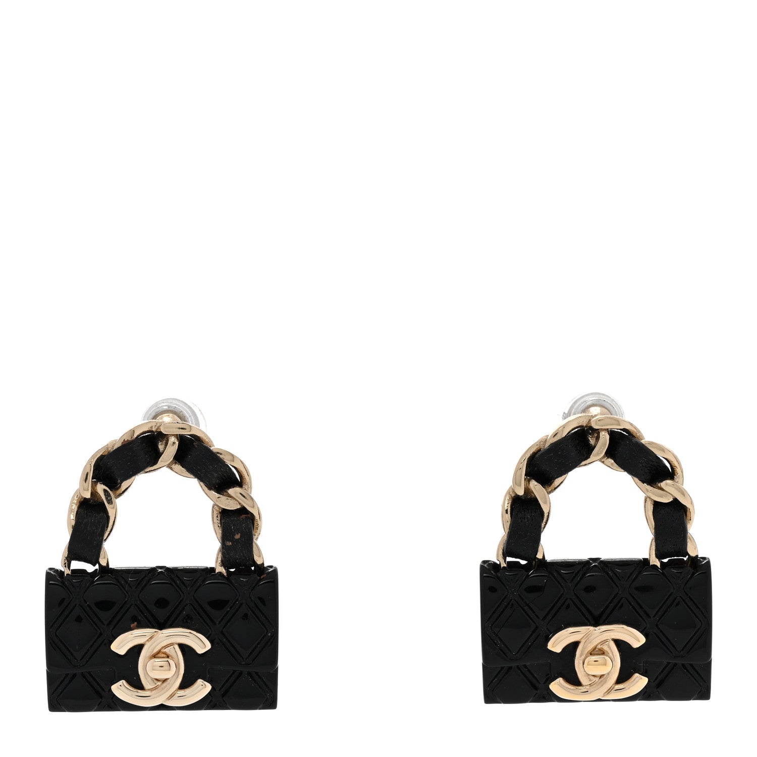 Chanel Metal Resin Lambskin Quilted CC Turnlock Chain Flap Bag Earrings Black Gold 1 of 5