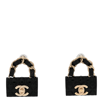 Chanel Metal Resin Lambskin Quilted CC Turnlock Chain Flap Bag Earrings Black Gold 1 of 5