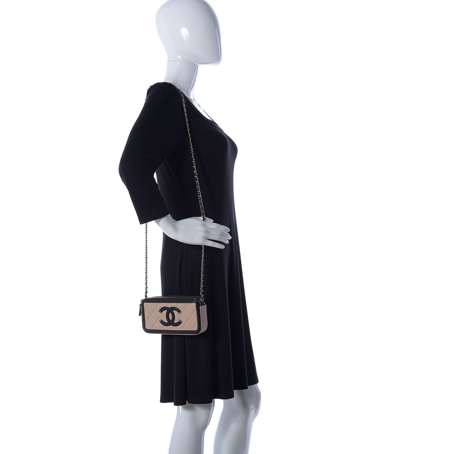 Chanel Caviar Quilted CC Filigree Clutch With Chain Beige Black 2 of 10
