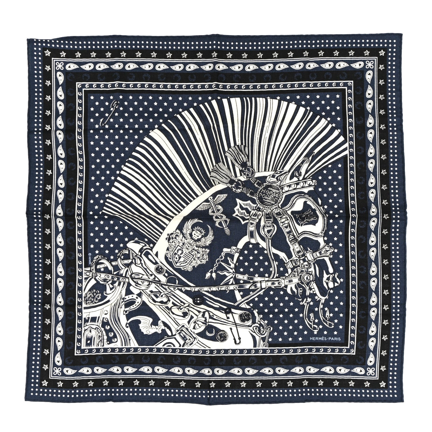 Hermes Cashmere Silk Cheval Punk Bandana Scarf 65 Marine Black White 1 of 5