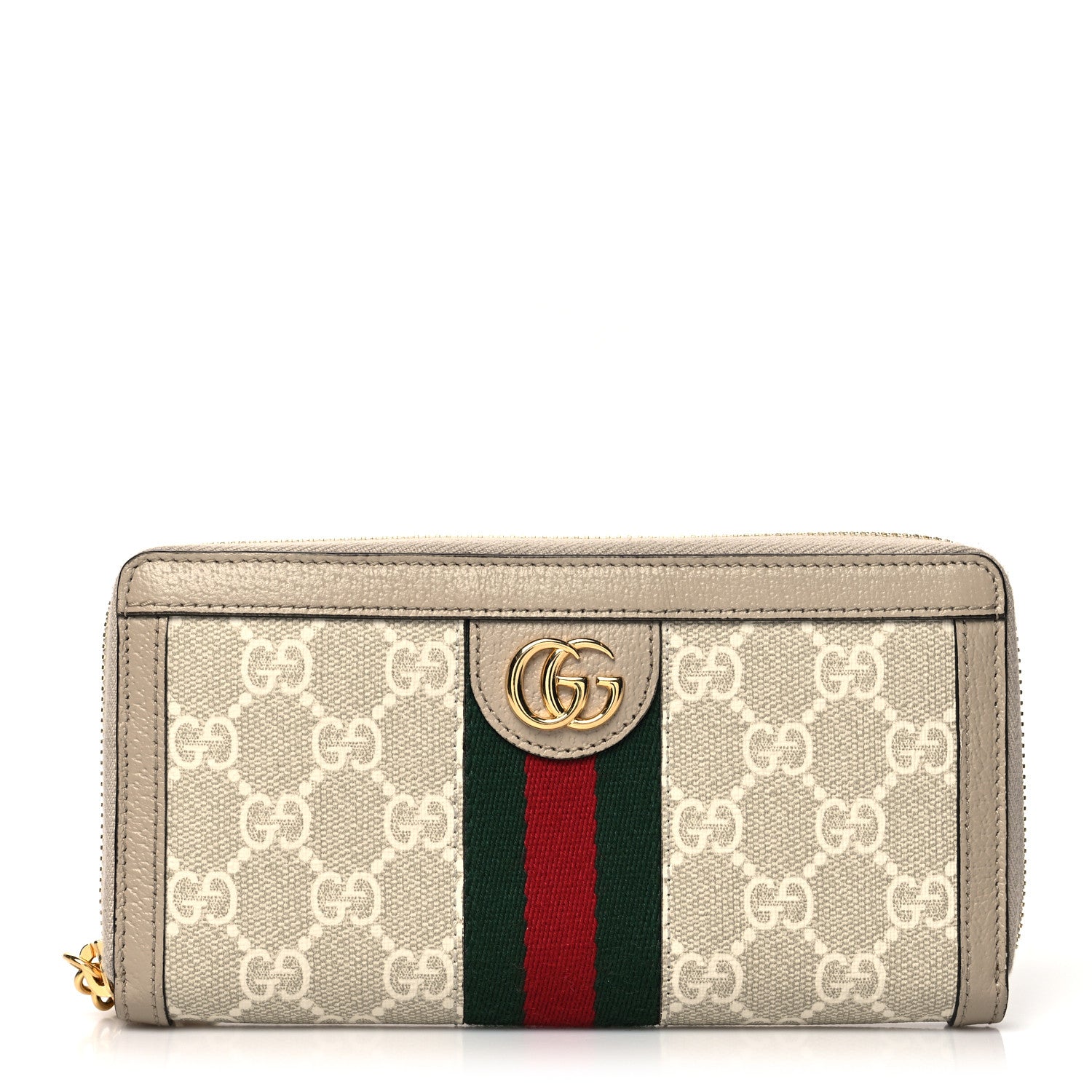 Gucci GG Supreme Monogram Textured Dollar Calfskin Web Ophidia Zip Around Wallet Beige Mystic White Oatmeal 1 of 10