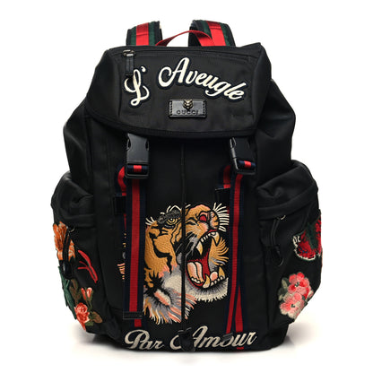Gucci Techno Canvas Web L'Aveugle Par Amour Embroidered Double Buckle Backpack Black 1 of 11
