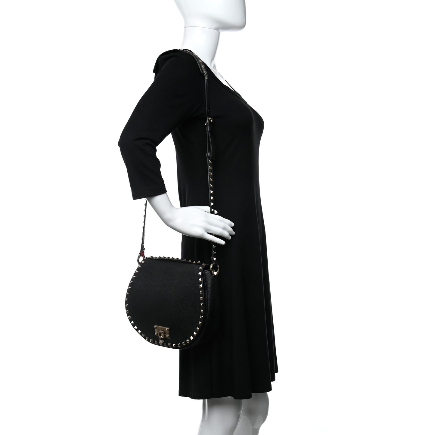 Grained Calfskin Rockstud Saddle Bag Black