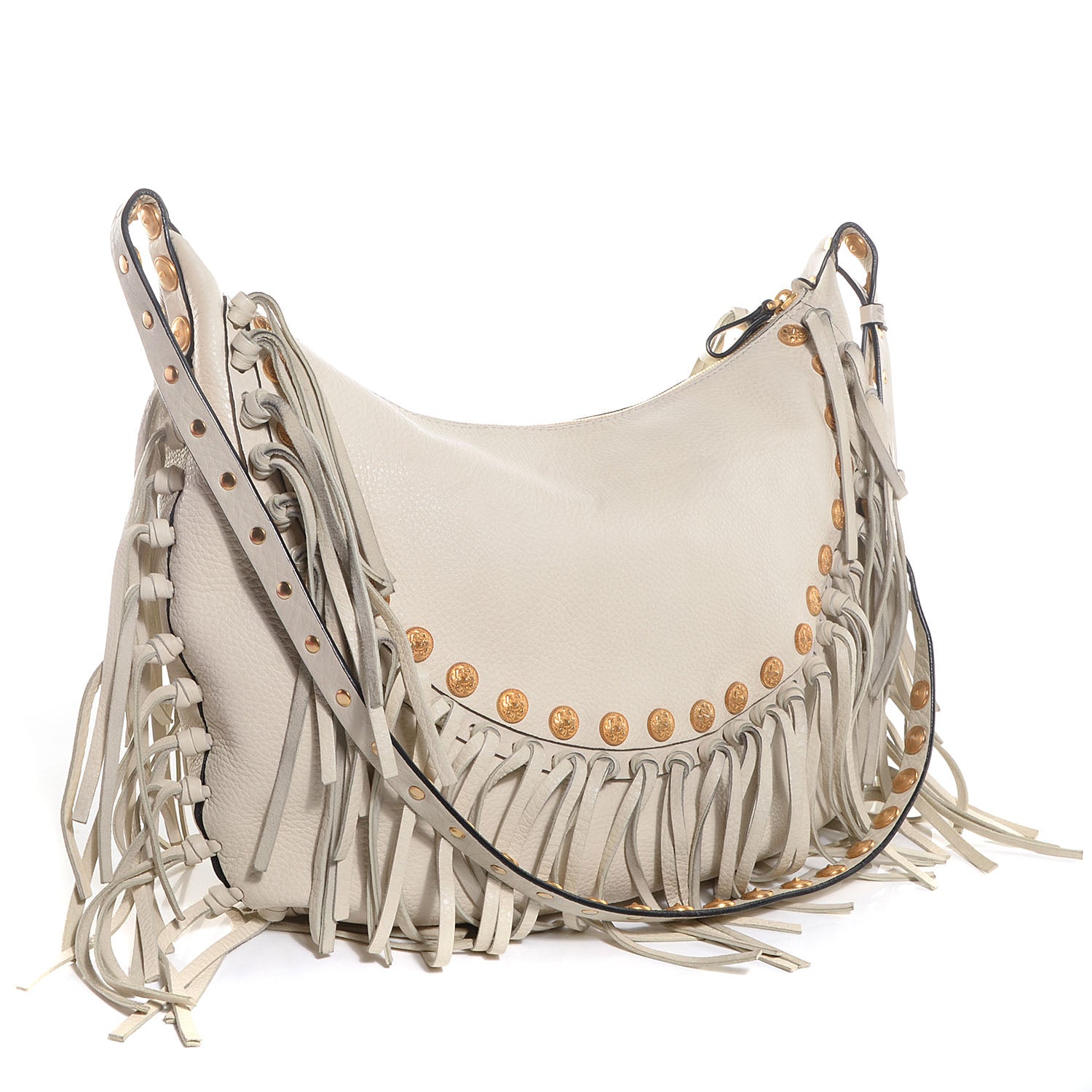 Valentino Garavani Grained Calfskin C-Rockee Fringe Hobo Light Ivory 2 of 9