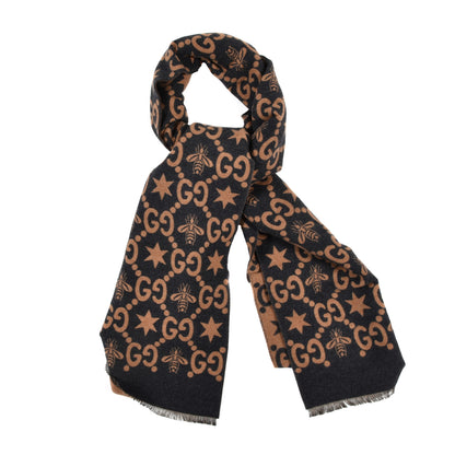 Gucci Wool Silk GG Monogram Fly Constellation Scarf Brown Black 1 of 4