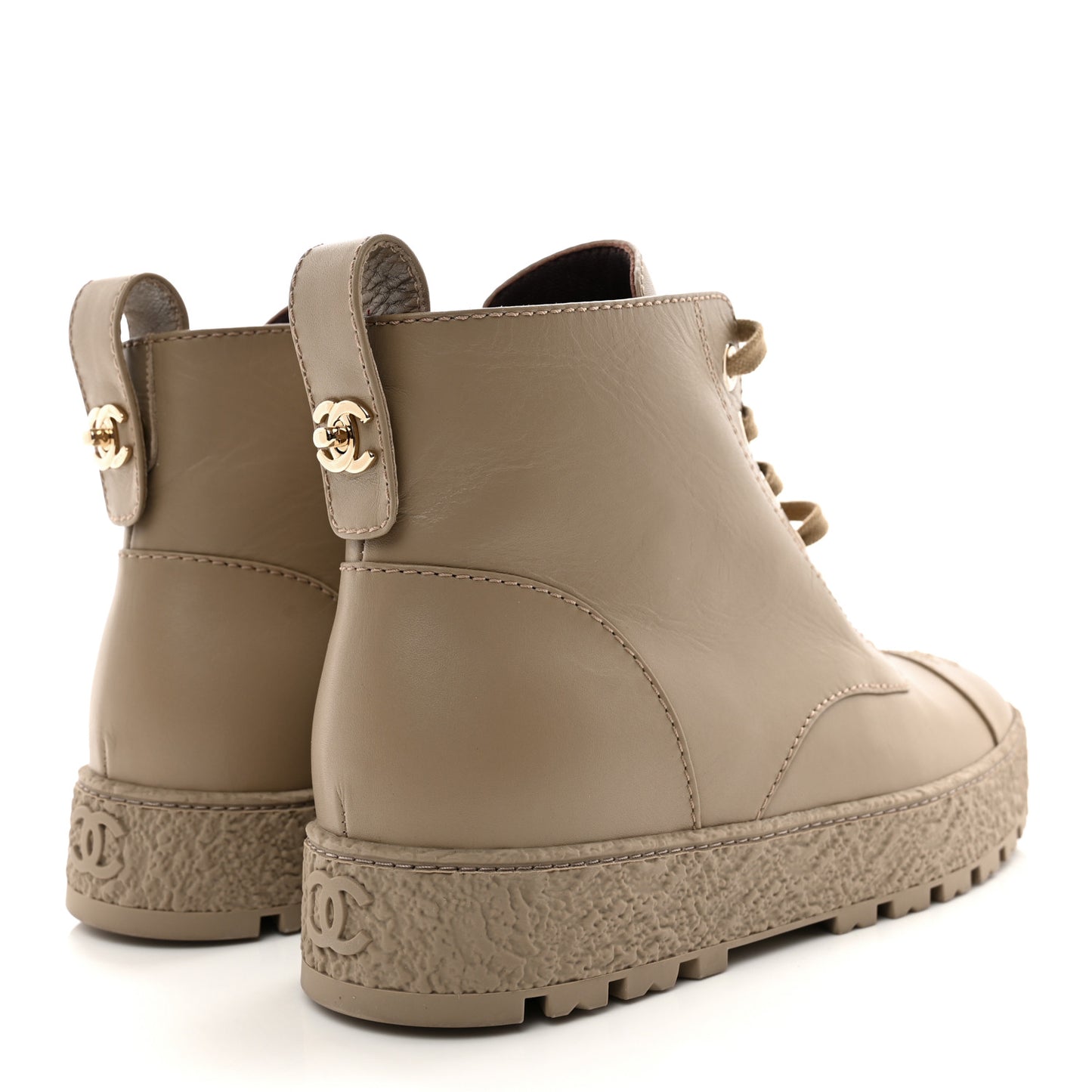Calfskin CC Turnlock Lace Up Boots 39 Beige