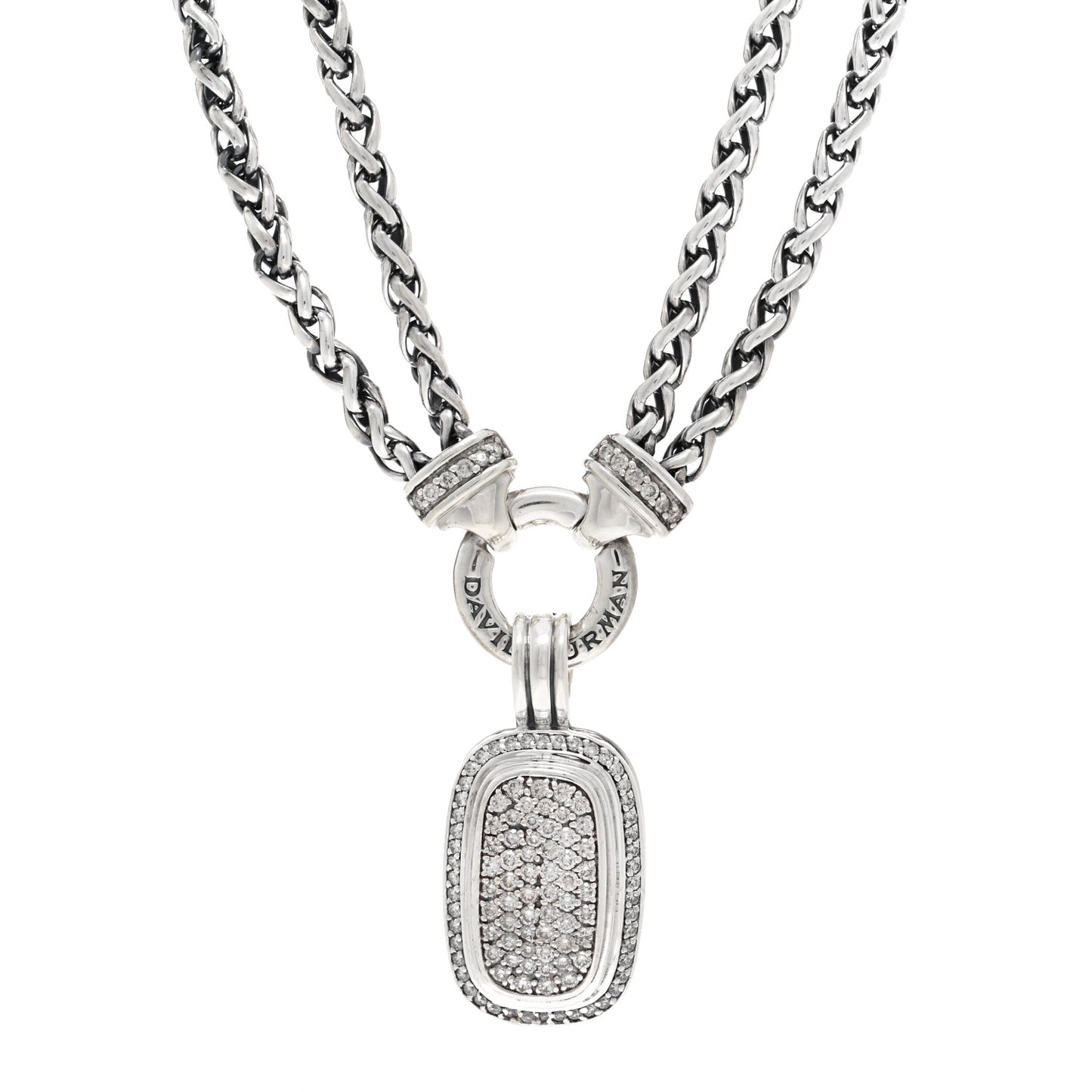Sterling Silver Diamond 20mm Albion Pave Double Wheat Chain Pendant Necklace