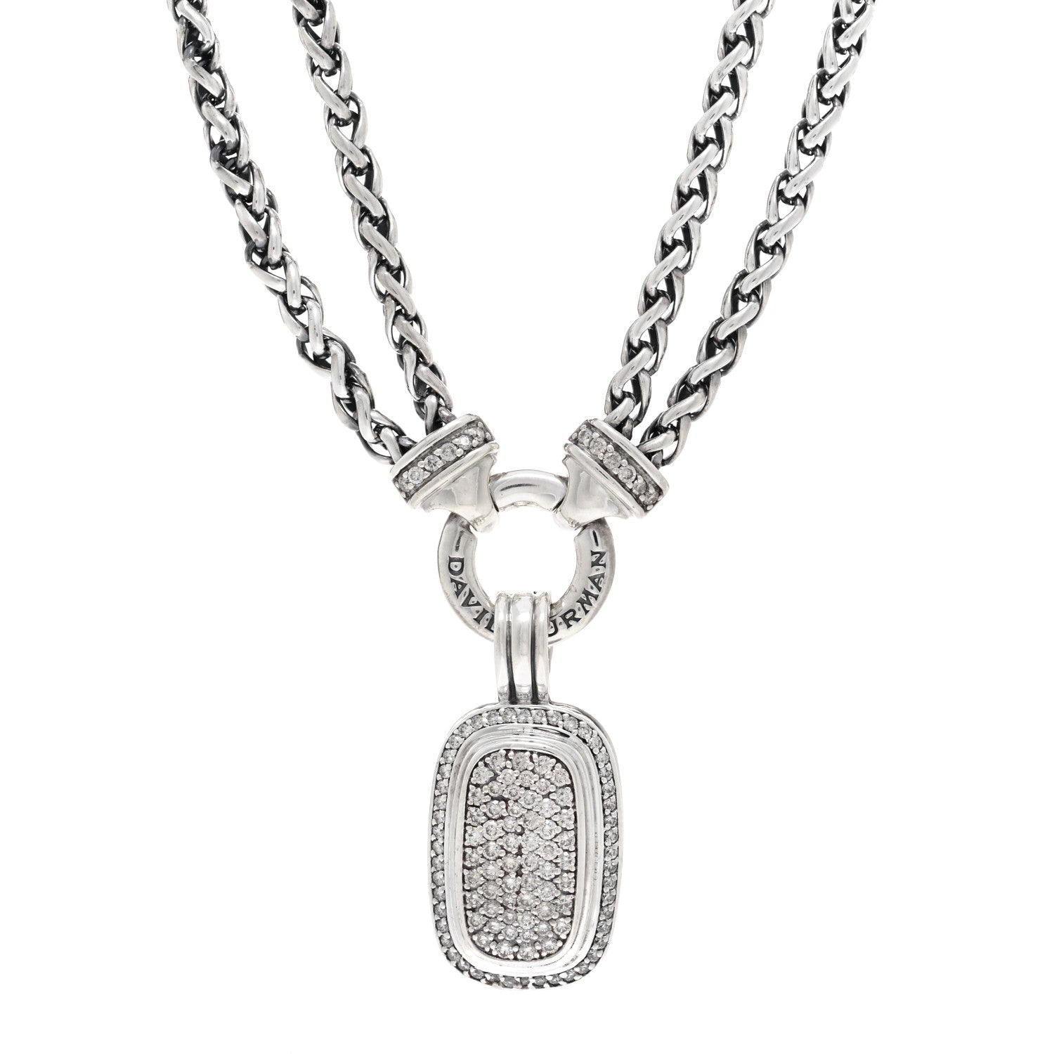 David Yurman Sterling Silver Diamond 20mm Albion Pave Double Wheat Chain Pendant Necklace 1 of 4