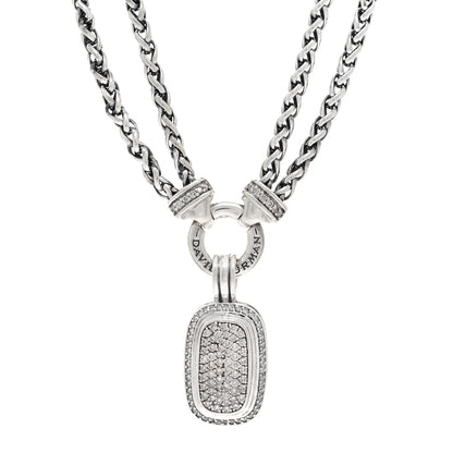 David Yurman Sterling Silver Diamond 20mm Albion Pave Double Wheat Chain Pendant Necklace 1 of 4
