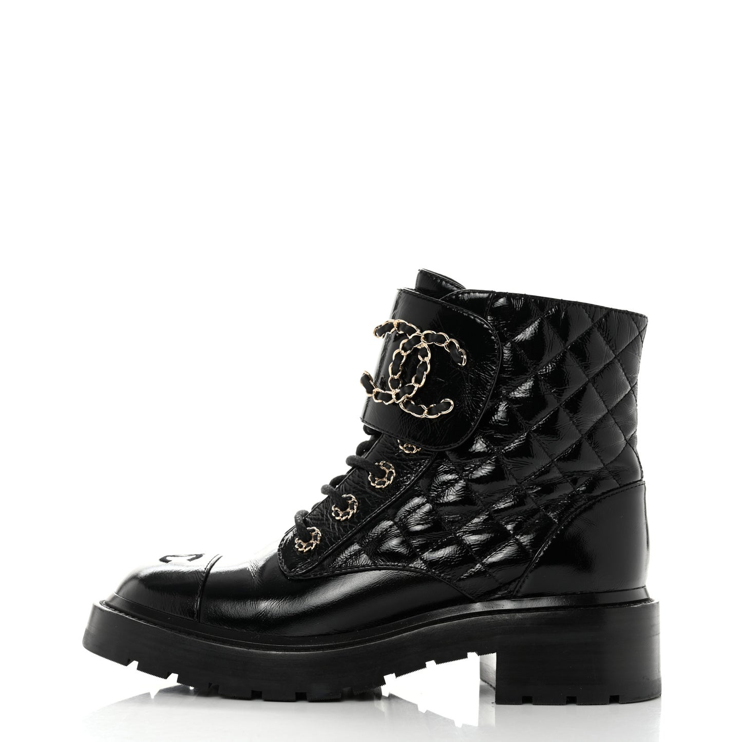 Shiny Calfskin Quilted Lace Up Combat Boots 37 Black