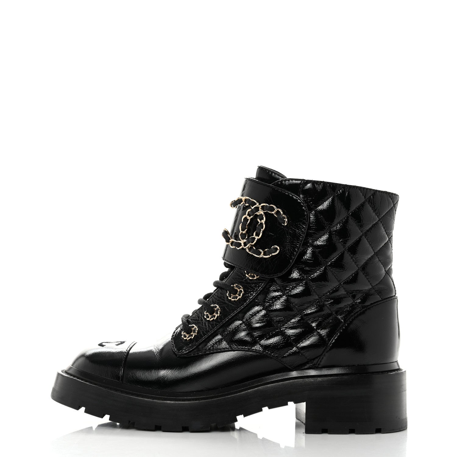 Chanel Shiny Calfskin Quilted Lace Up Combat Boots 37 Black 1 of 8