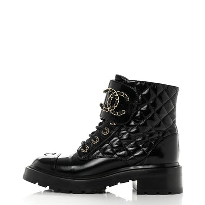 Chanel Shiny Calfskin Quilted Lace Up Combat Boots 37 Black 1 of 8