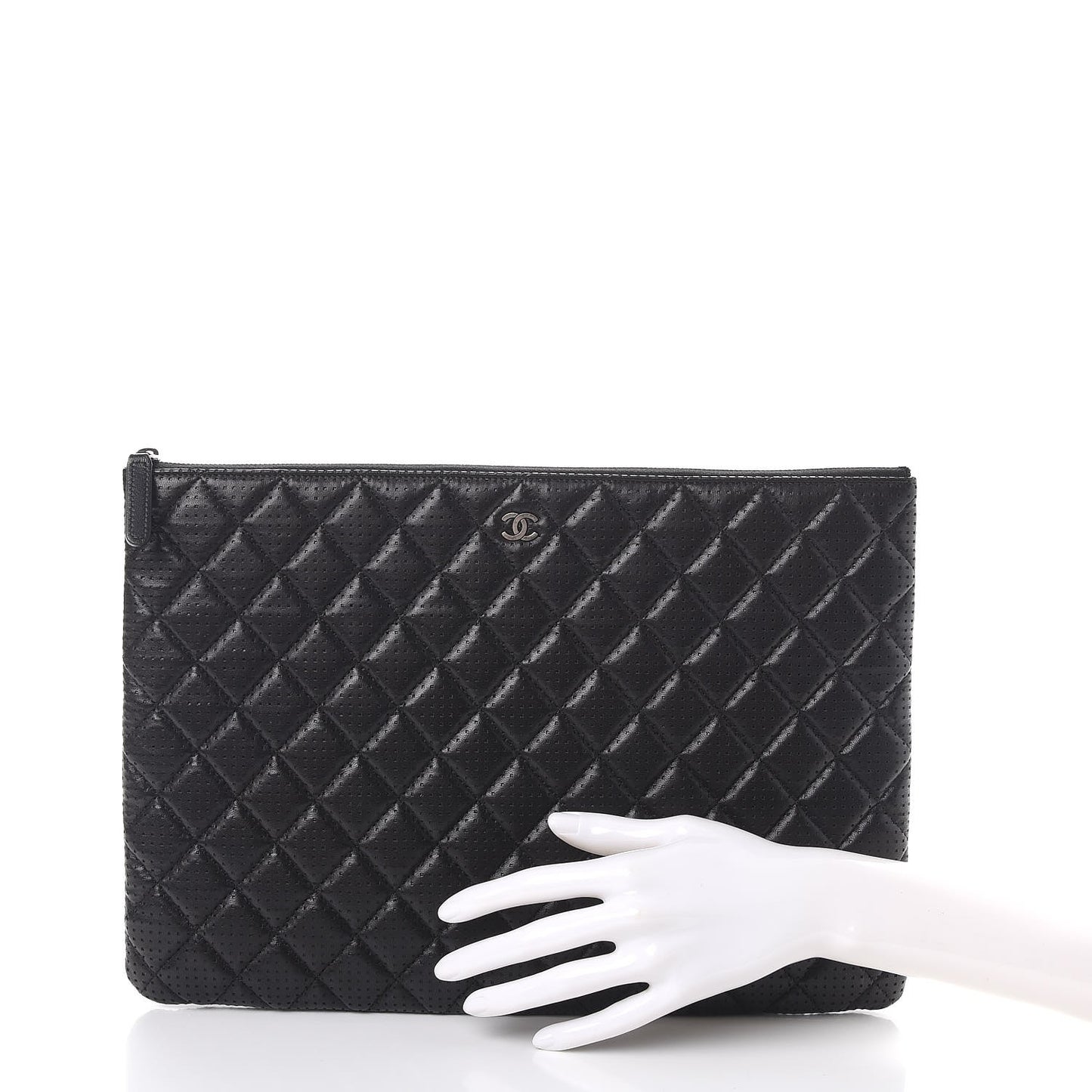 Perforated Lambskin Quilted Large Zip Pouch Black