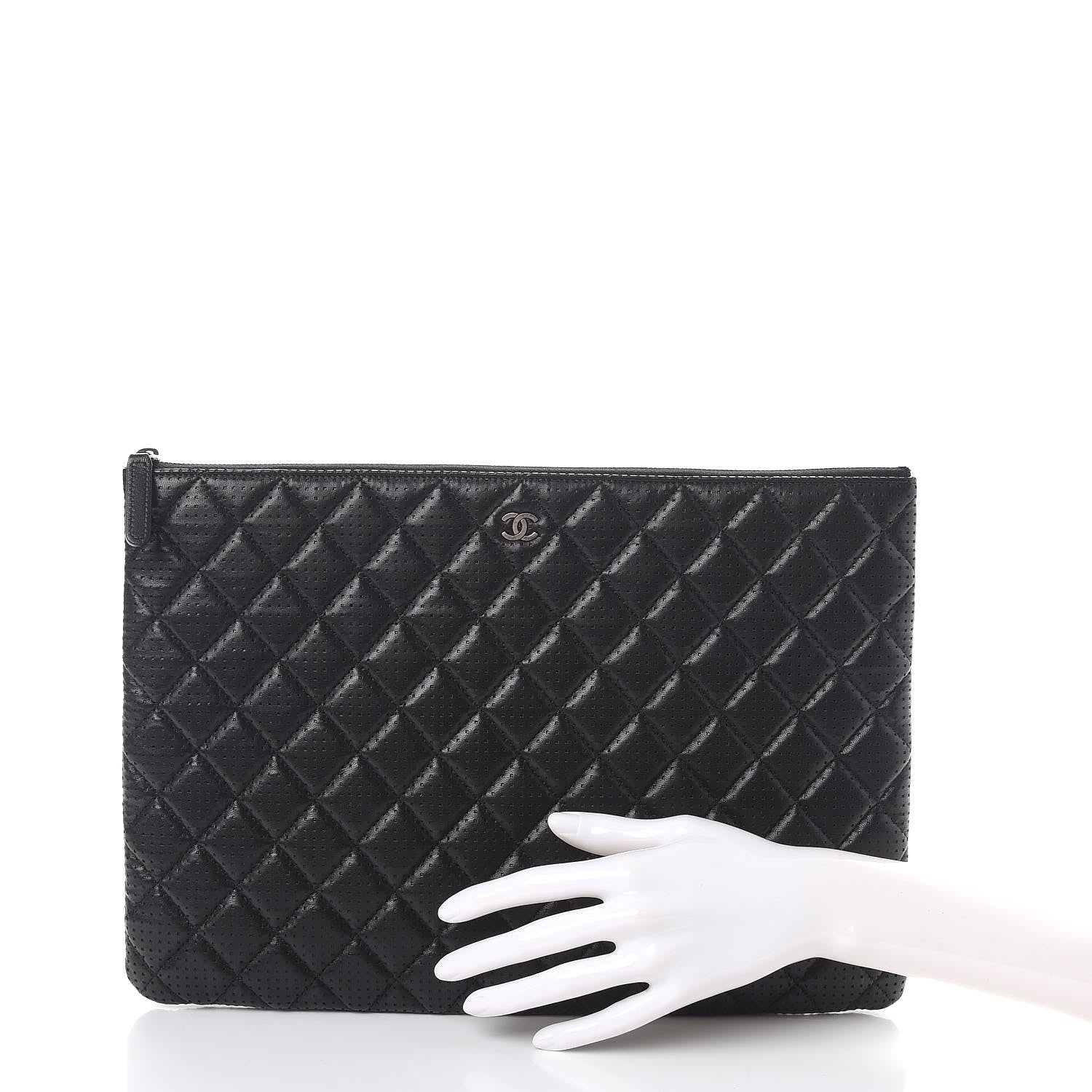 Chanel Perforated Lambskin Quilted Large Zip Pouch Black 2 of 9