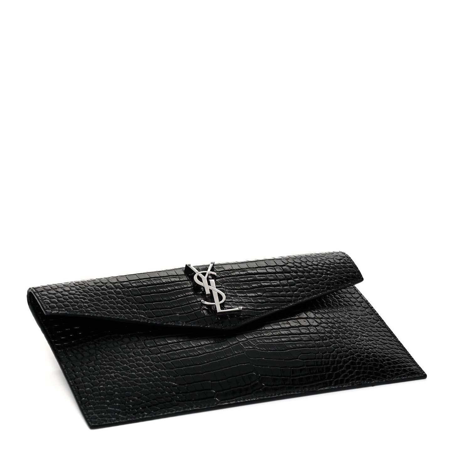 Calfskin Crocodile Embossed Uptown Monogram Clutch Black