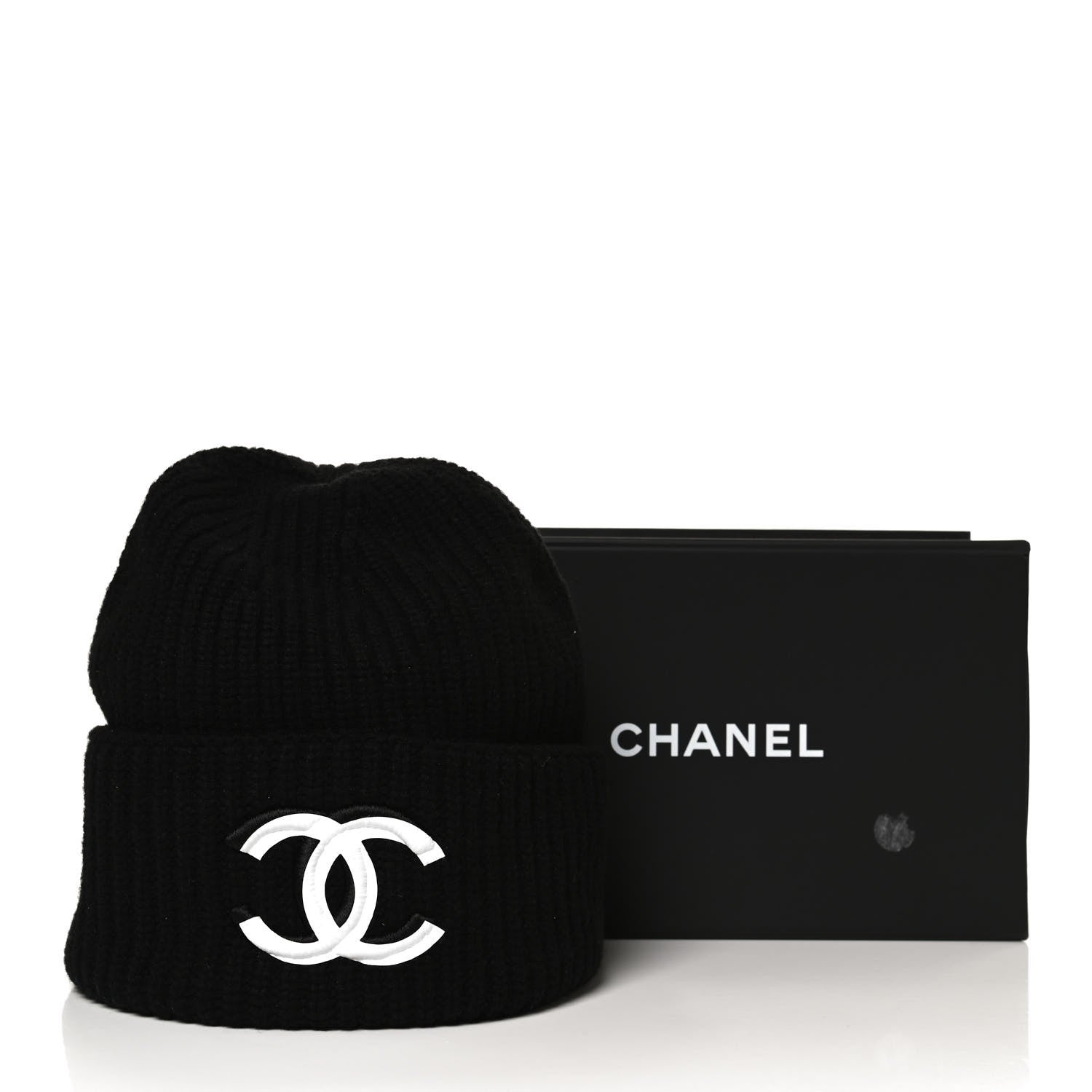 Chanel Wool Cashmere CC Beanie Hat Black White 5 of 5