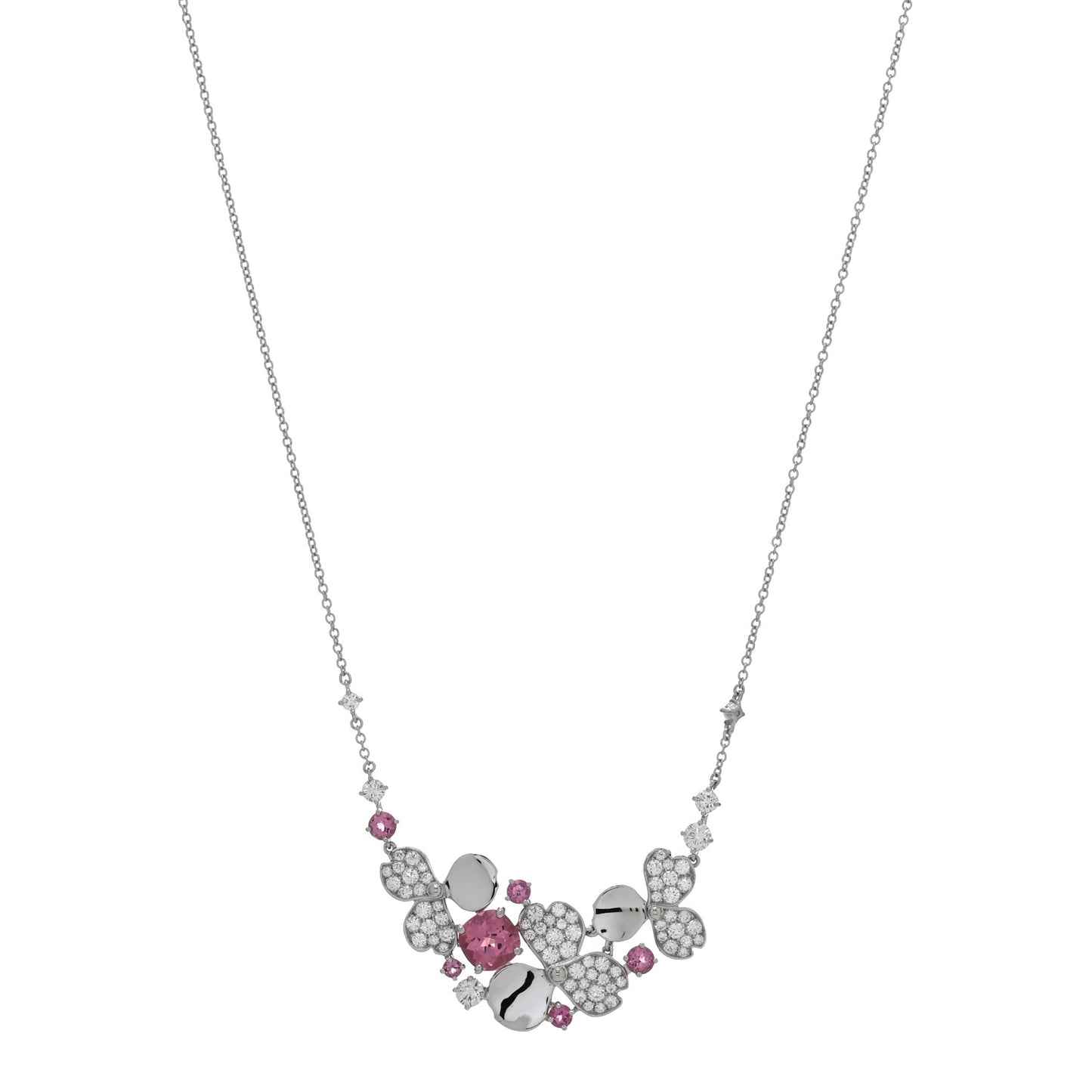 Platinum Diamond Pink Tourmaline Paper Flowers Cluster Pendant Necklace
