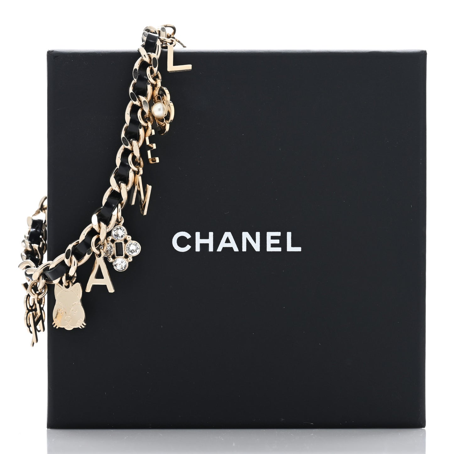 Metal Lambskin Crystal Chain CC Charms Bracelet Gold Black