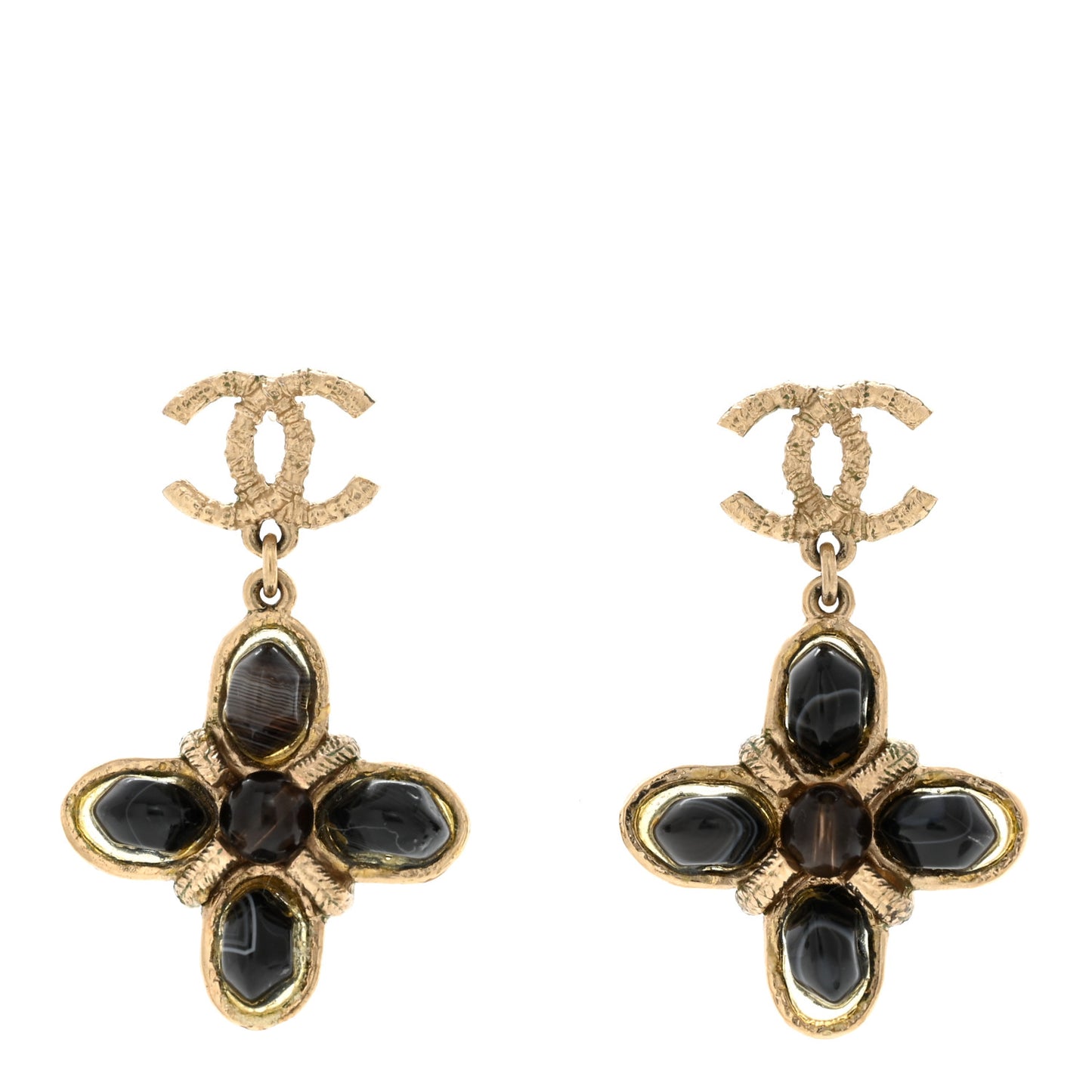 Resin CC Flower Drop Earrings Gold Black