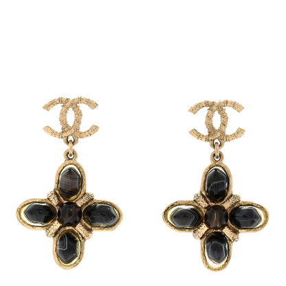 Chanel Resin CC Flower Drop Earrings Gold Black 1 of 5