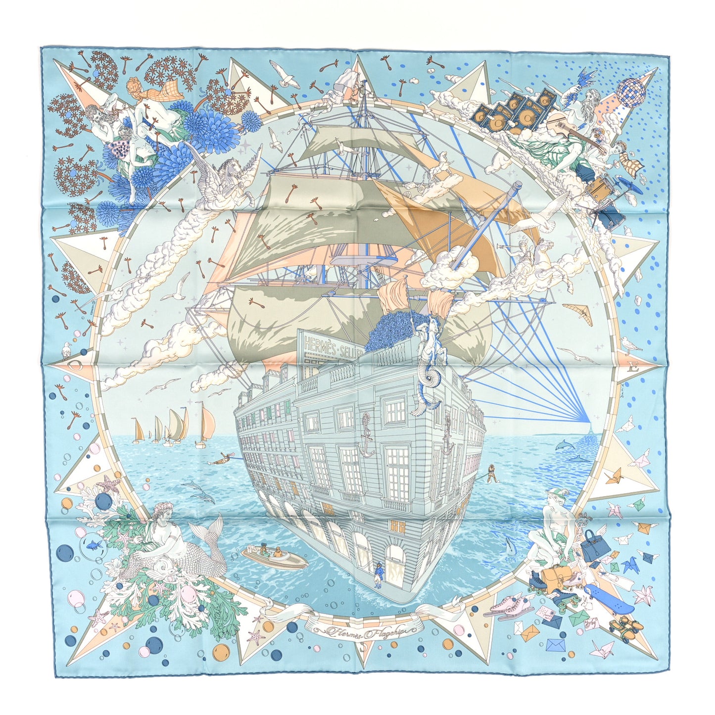 Silk Flagship Scarf 90 Bleu Ciel Vert De Gris Rose