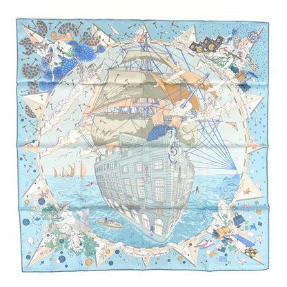 Hermes Silk Flagship Scarf 90 Bleu Ciel Vert De Gris Rose 1 of 3