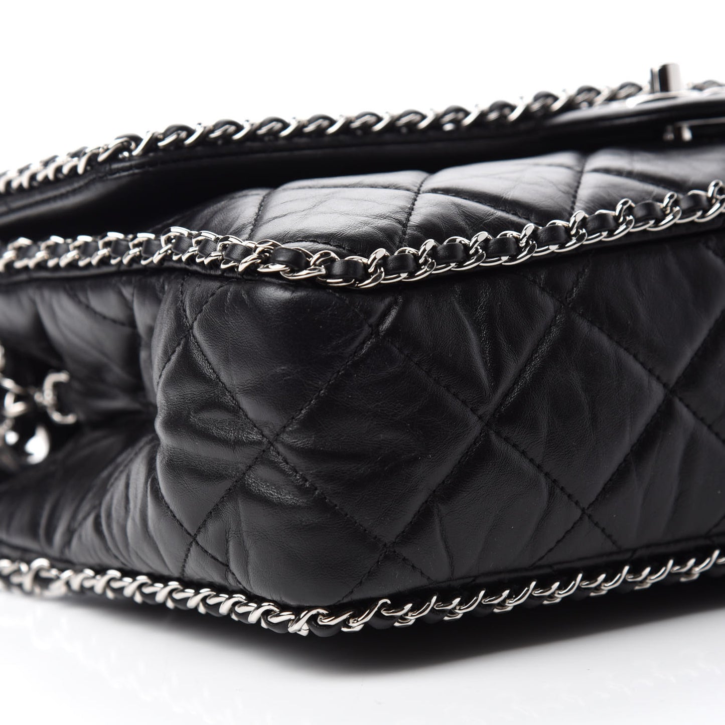 Crumpled Calfskin Quilted Large Chain All Over Flap Bag Black