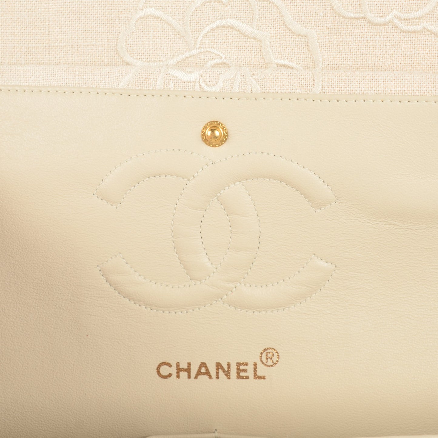 Canvas Camellia Embroidered Medium Double Flap Ivory