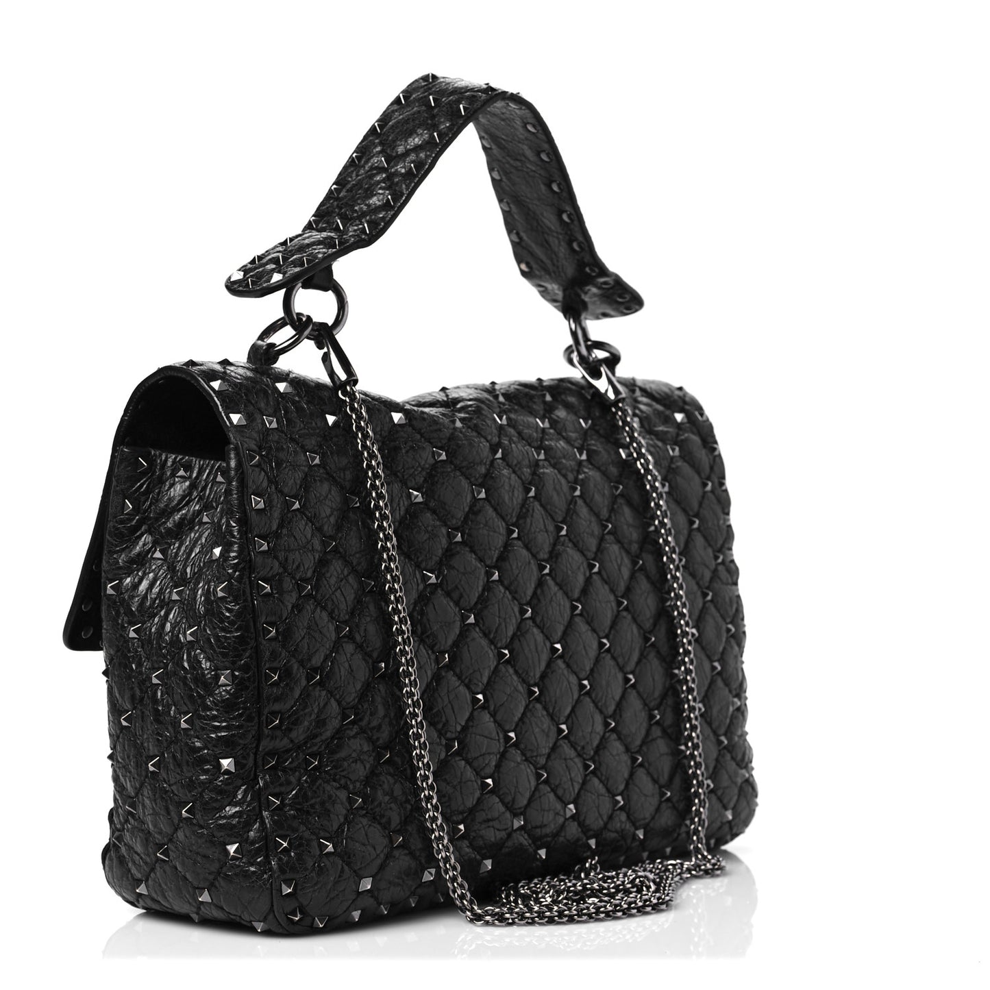 Craquele Nappa Large Rockstud Spike Shoulder Bag Black