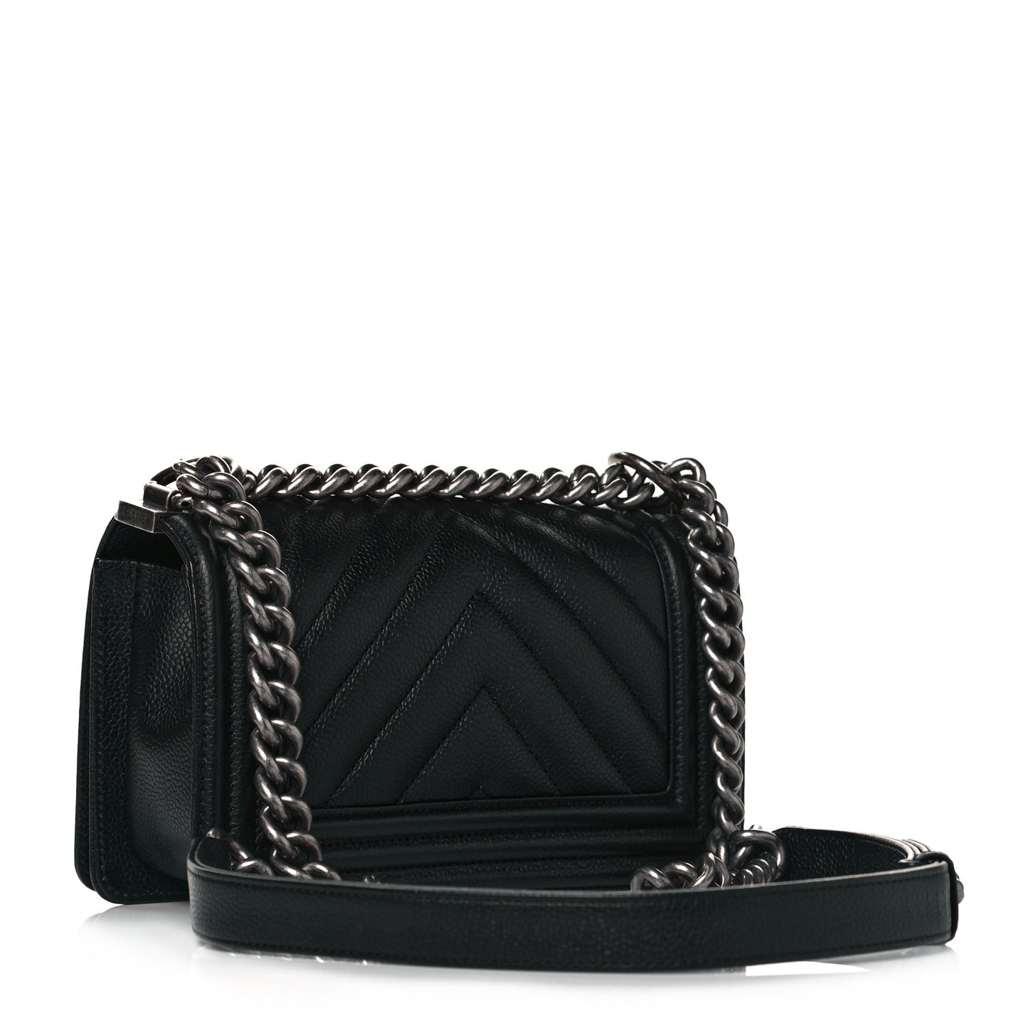 Caviar Chevron Quilted Small Boy Flap Black